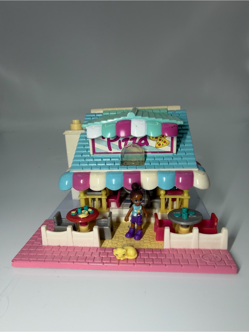 Blue Bird Pink Teal White Pizza Shop Playset with Mini Doll and Outdoor Tables
